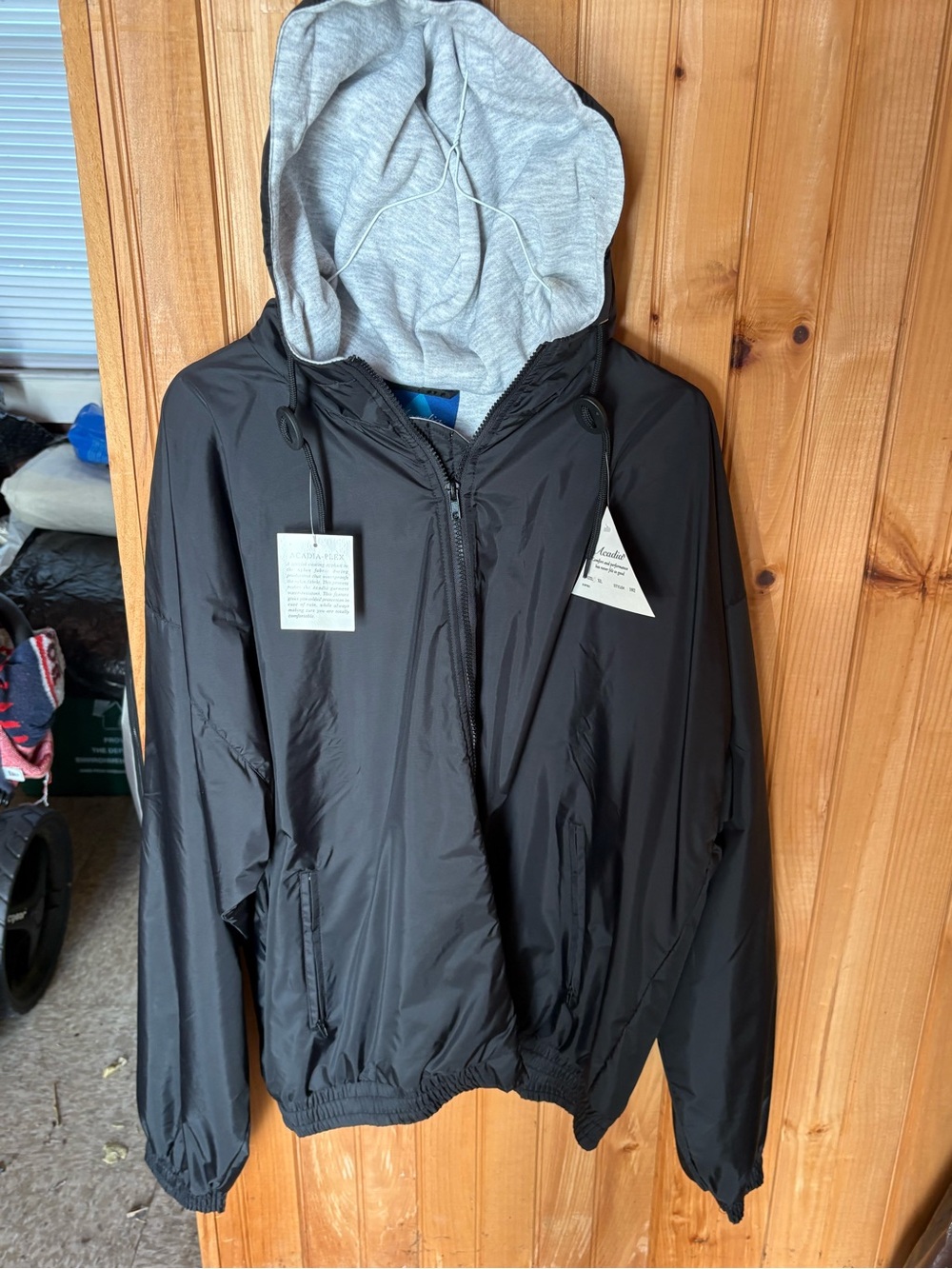 Men's Black Hooded Windbreaker with Grey Lined Hood